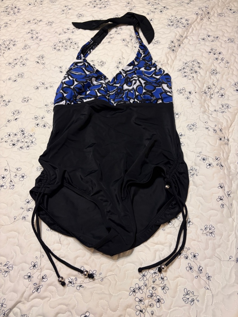 Merona Black One-Piece Swimsuit with Blue Print Halter Top
